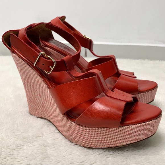 J. Crew Shoes - J. Crew Women's Red T-Strap Strappy Leather Wedge Sandals Size 8